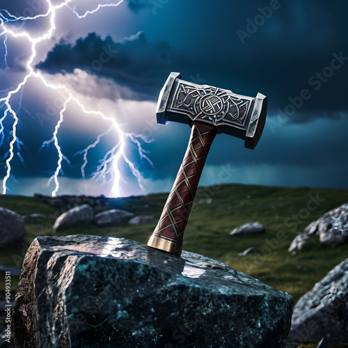 The hammer of the Norse god Thor - Mjolnir on a stone rock photo