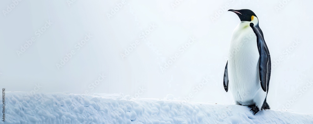 Obraz premium A solitary emperor penguin stands majestically on the snowy landscape, showcasing its elegant black and white feathers.