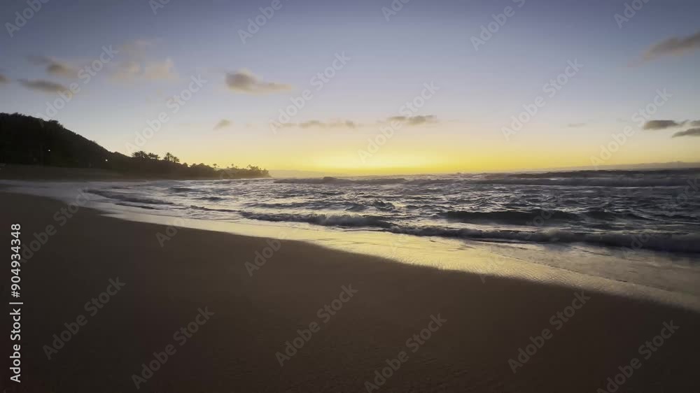 Experience the tranquil beauty of a Hawaiian beach at twilight. The gentle waves roll onto the shore as the sky transitions from day to night with stunning hues. Experience the tranquil beauty of a Hawaiian beach at twilight. The gentle waves roll onto the shore as the sky transitions from day to night with stunning hues.