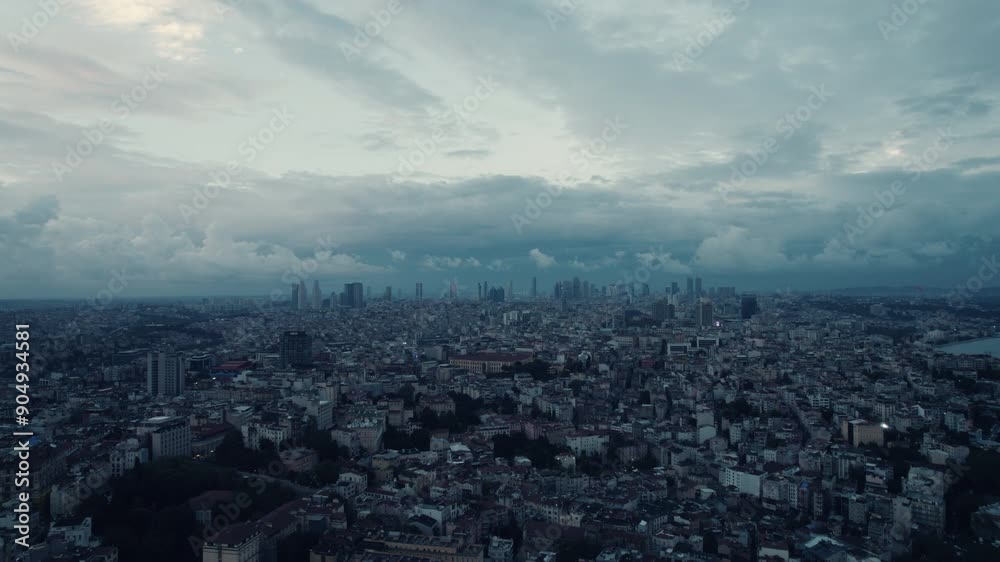 Amazing sunset, sunrise view over the city of Istanbul with an epic cloudy sky, slow motion and copy space