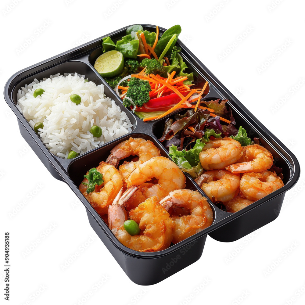 Delicious shrimp meal tray with rice and fresh vegetables, perfect for a quick and healthy lunch or dinner option. Delicious shrimp meal tray with rice and fresh vegetables, perfect for a quick and healthy lunch or dinner option.