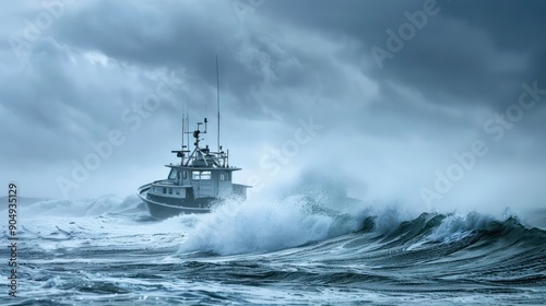 Sailing old ship in storm sea against dramatic sunset