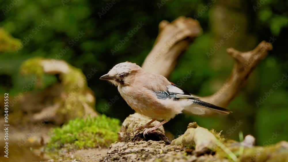 Eurasian Jay in Friesland Netherland side view as it bends over to eat and gather food