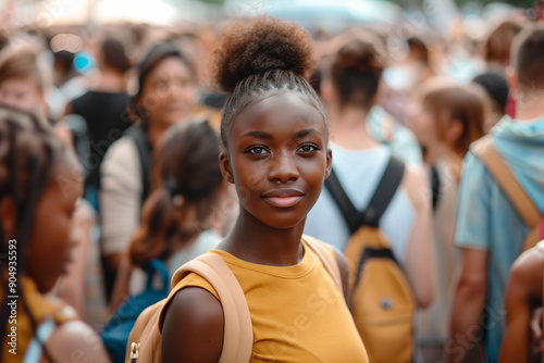 Portrait of african american woman college student going back to school in crowd,  diverse and vibrant campus scene