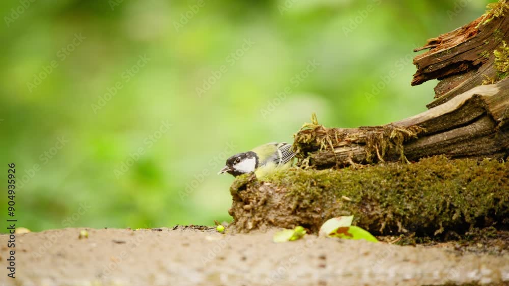 Great Tit in Friesland Netherlands sideview of bird eating and pecking on grub beetles in decomposing wood of forest Great Tit in Friesland Netherlands sideview of bird eating and pecking on grub beetles in decomposing wood of forest