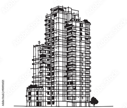 High rise building sketch. Line art