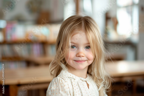 Little smiling blond girl standing in the school classroom