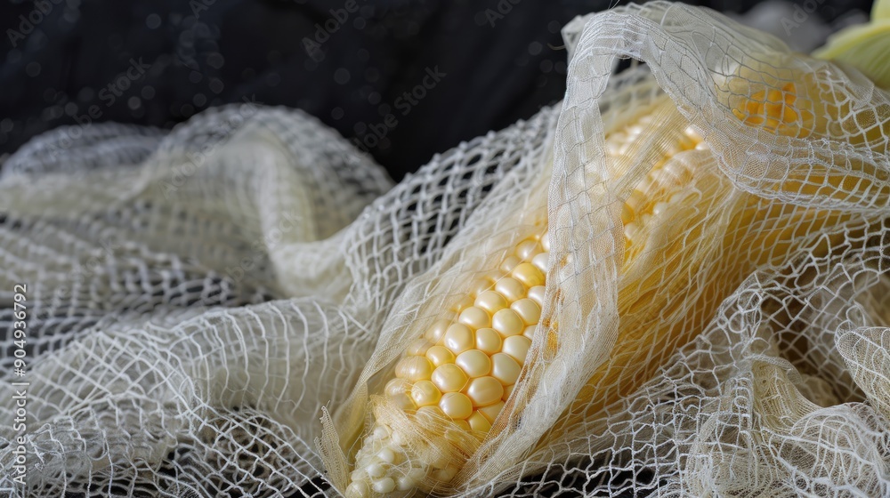 Yellow Corn on Cob in White Net on Black Background with Selective Focus Yellow Corn on Cob in White Net on Black Background with Selective Focus