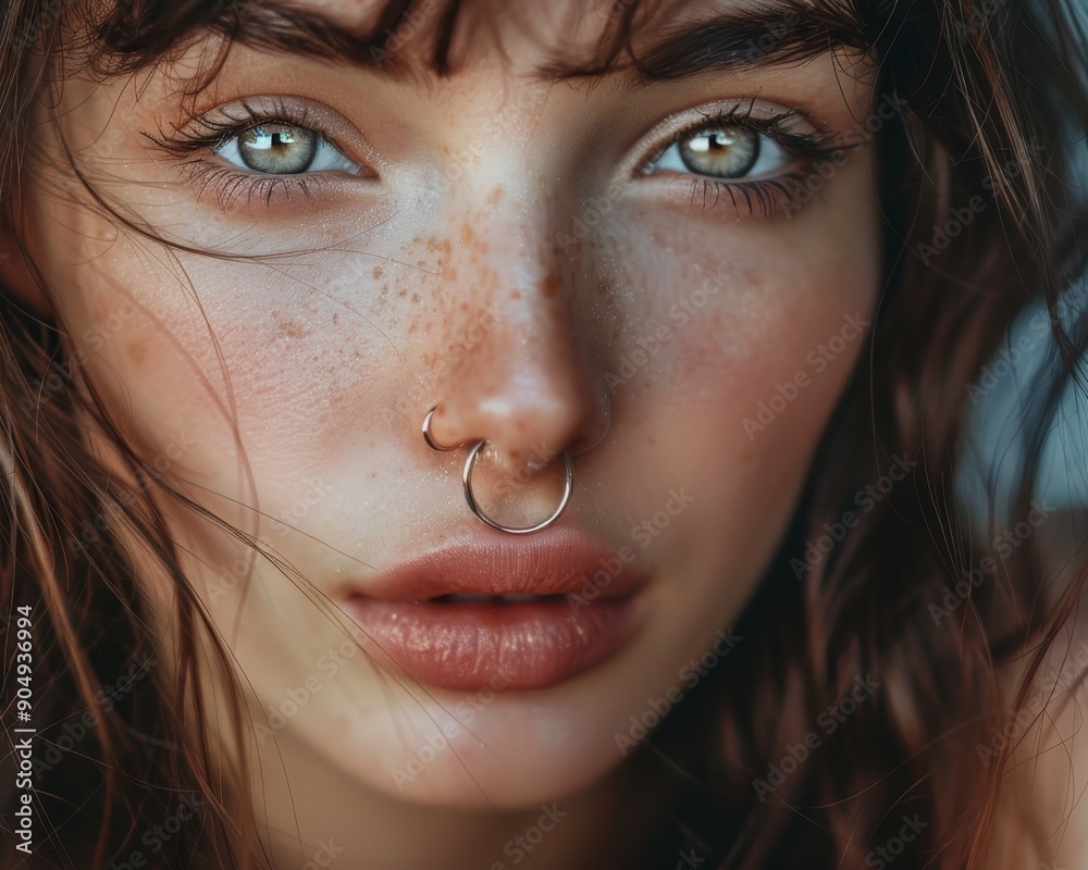 Close up portrait of woman with nose ring, highlighting unique accessory and focused beauty details Close up portrait of woman with nose ring, highlighting unique accessory and focused beauty details