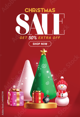 Christmas sale podium vector poster design. Sale promo discount 50% off text with xmas elements decoration for christmas shopping promotion flyers design. Vector illustration seasonal clearance banner