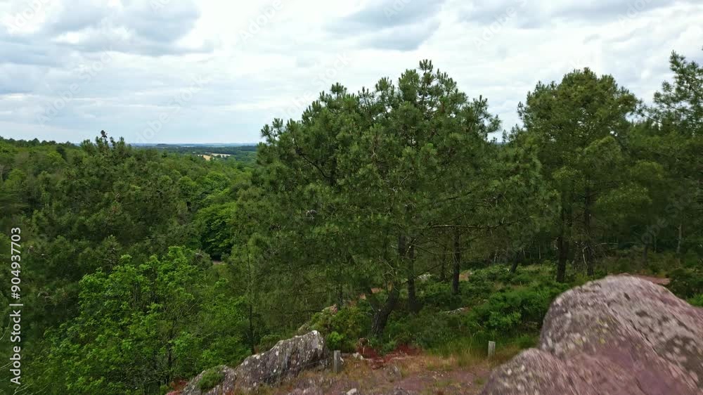 Val Sans Retour, Paimpont, Broceliande forest, Brittany in France. Aerial forward ascending Val Sans Retour, Paimpont, Broceliande forest, Brittany in France. Aerial forward ascending