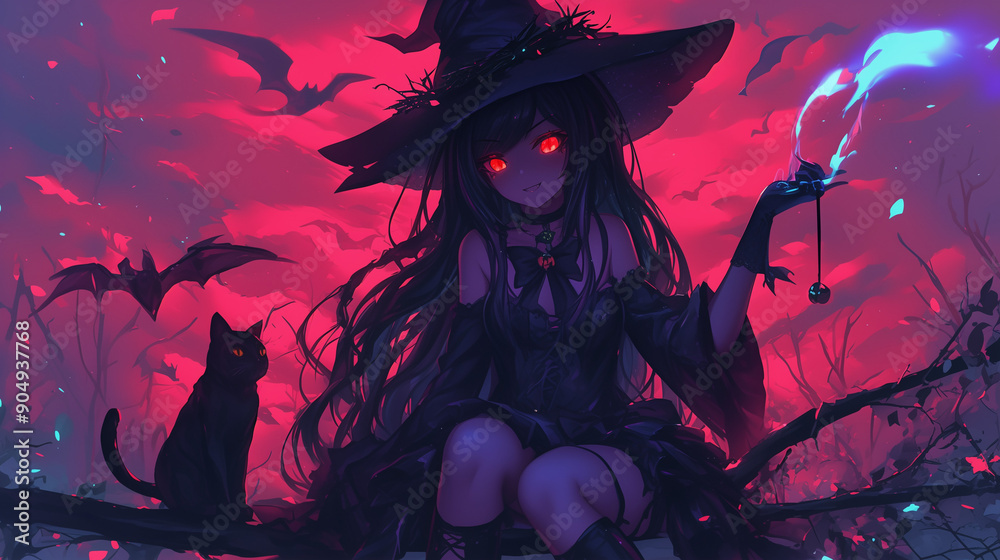 Cute anime witch and her black cat, Halloween-ready. Cute anime witch and her black cat, Halloween-ready.