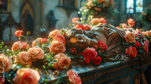 A reverent funeral scene, the coffin is decorated with flowers. Symbolic farewell among church services and cemetery funerals.