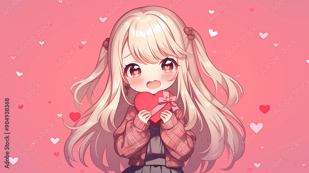Chibi manga girl against a background of Valentine's Day hearts. Chibi manga girl against a background of Valentine's Day hearts.