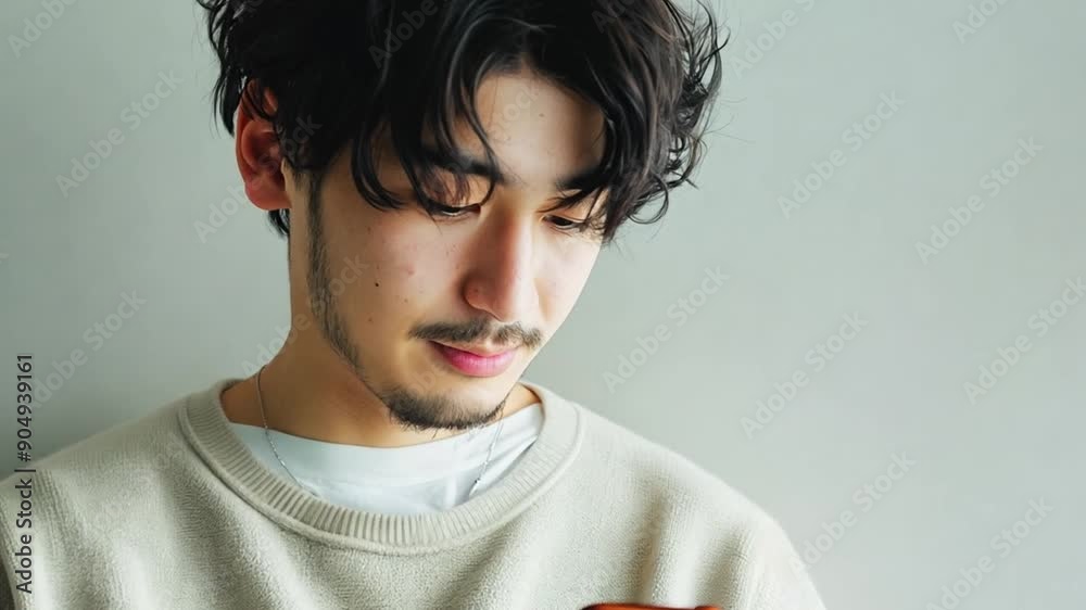 4K Young Asian man university college student walking in the city with listening to the music on earphones and using mobile phone app chatting online text message or social media with online network.