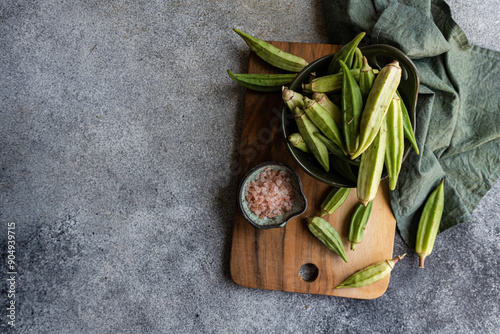 Raw bamia or okra vegetable cooking photo