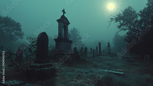 tombs and graves in a cemetery on the night of the full moon halloween photo