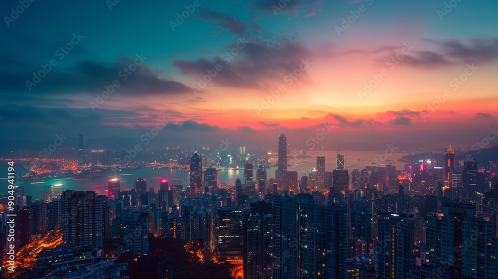 Fototapeta premium Futuristic cityscape at dawn, showcasing digital connectivity in modern urban infrastructure