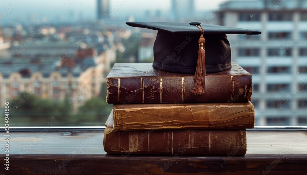 Obraz premium Vintage leather books and graduation cap on window sill against cityscape background