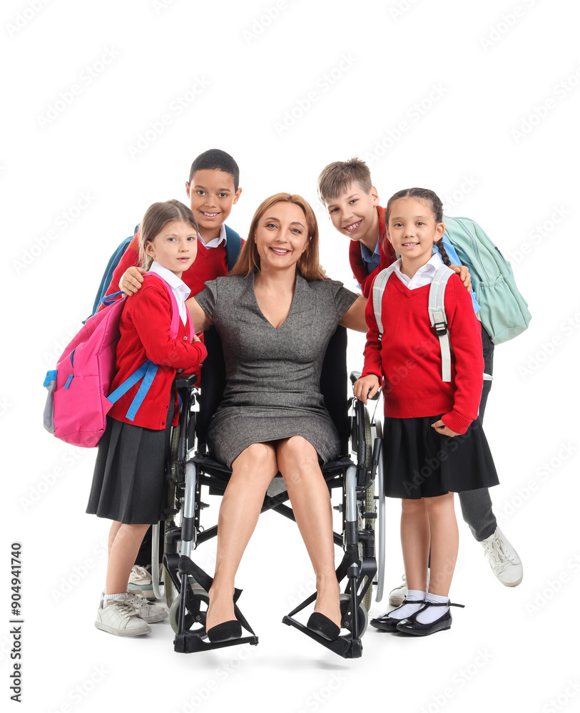 Mature teacher in wheelchair with little pupils hugging on white background Mature teacher in wheelchair with little pupils hugging on white background