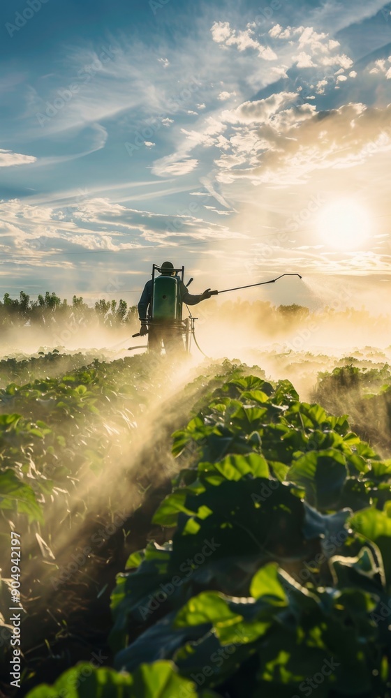 Fototapeta premium Organic Farming in Action: Farm Worker Spraying Natural Pesticides on Green Crops on Sunny Day. Sustainable Agriculture Practices Showcased in Vibrant Rural Landscape. Eco-friendly Crop Protection fo