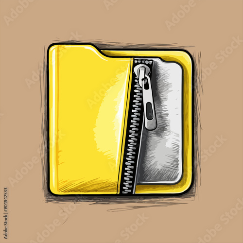 Vector illustration of a yellow zip file folder icon with a metallic zipper