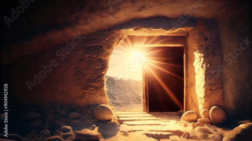 Empty tomb at sunrise. Concept of Easter