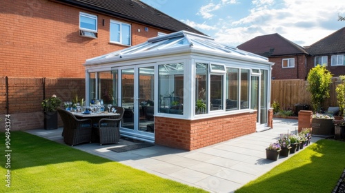 Contemporary sunroom or conservatory in the garden with a paved patio