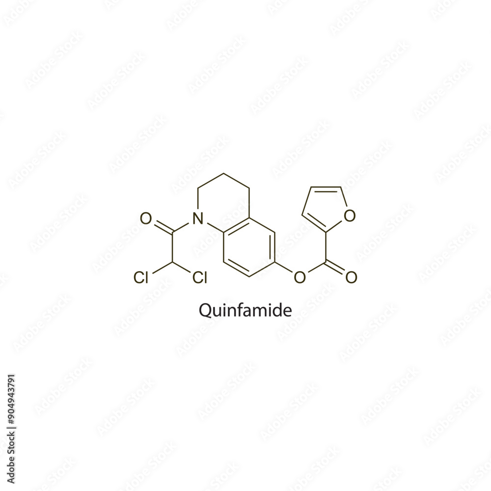 Quinfamide flat skeletal molecular structure Antiprotozoal drug used in intestinal amoebiasis treatment. Vector illustration scientific diagram. Quinfamide flat skeletal molecular structure Antiprotozoal drug used in intestinal amoebiasis treatment. Vector illustration scientific diagram.