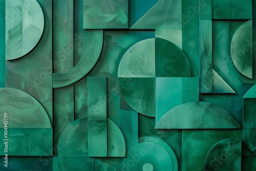 Fototapeta Naklejka Na Ścianę i Meble -  A green wall adorned with an array of geometric shapes in emerald, jade, and mint colors, Geometric shapes in shades of emerald, jade, and mint on a solid green background