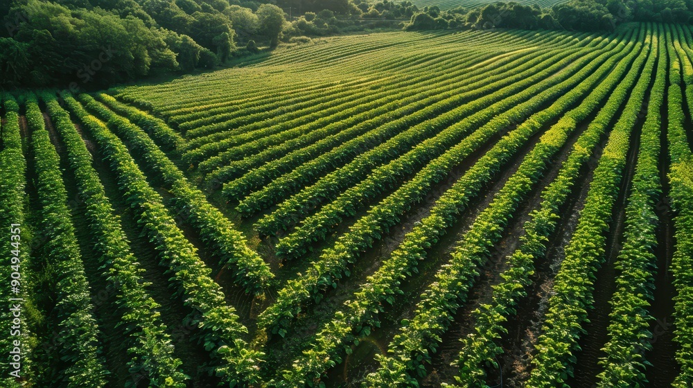 Aerial View of Lush Green Agricultural Fields with Rows of Crops in a Rural Countryside Setting Aerial View of Lush Green Agricultural Fields with Rows of Crops in a Rural Countryside Setting