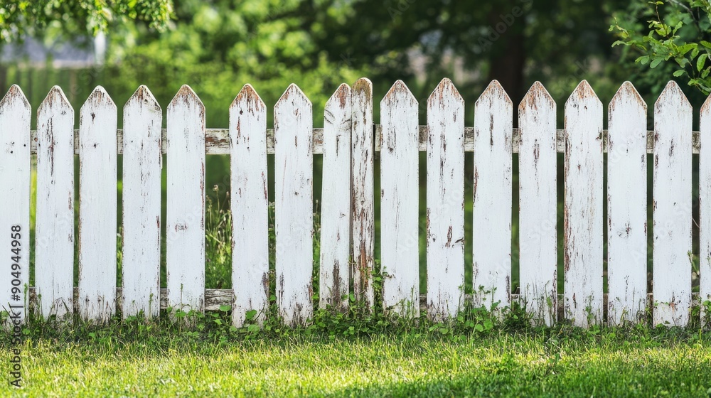 White wooden fence in the backyard and lawn White wooden fence in the backyard and lawn