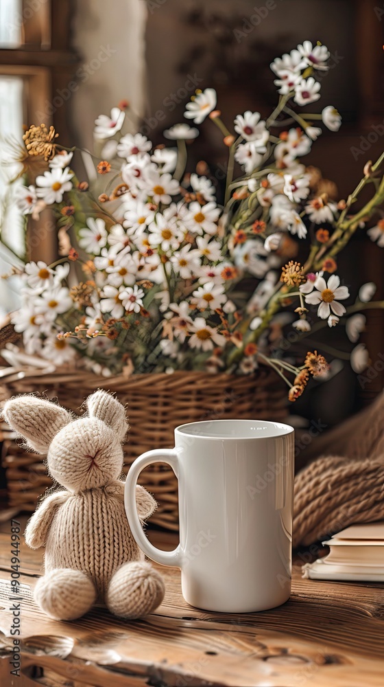 Easter blank mug POD product mockup with empty space on table with yarn wool knitted toy bunny, basket and flowers in the background for creative crafting earthy rural farmhouse boho style marketing Easter blank mug POD product mockup with empty space on table with yarn wool knitted toy bunny, basket and flowers in the background for creative crafting earthy rural farmhouse boho style marketing