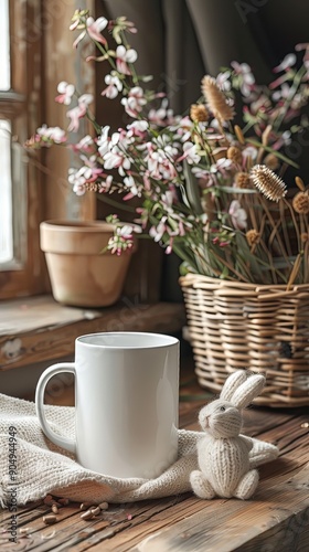 Easter blank mug POD product mockup with empty space on table with yarn wool knitted toy bunny, basket and flowers in the background for creative crafting earthy rural farmhouse boho style marketing