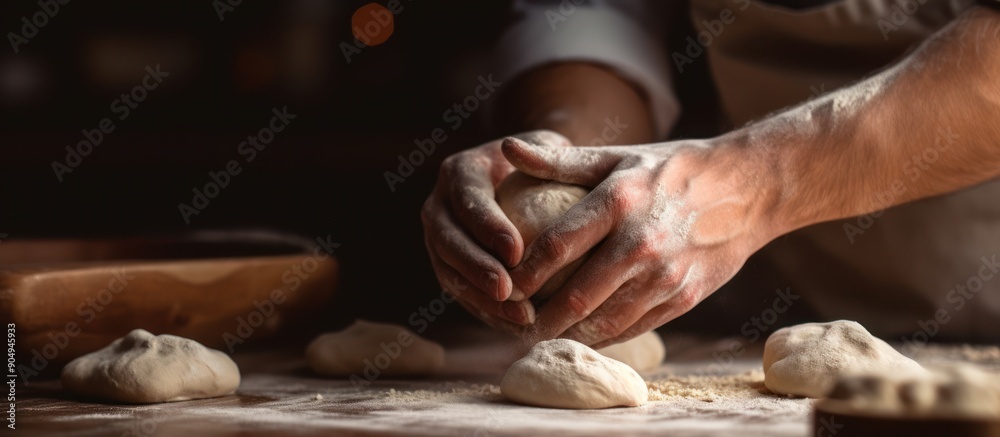 Baker's Hands Shaping Dough on Wooden Table Baker's Hands Shaping Dough on Wooden Table