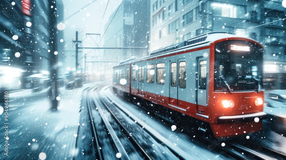 Fototapeta premium Red train travels in a valley covered by heavy snow in background on a sunny winter day