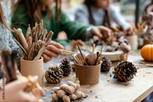 Families Enjoying Autumn Craft Activities With Pine Cones and Natural Materials Outdoors