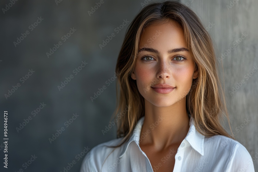 Young professional woman smiling wearing white shirt on grey background Young professional woman smiling wearing white shirt on grey background