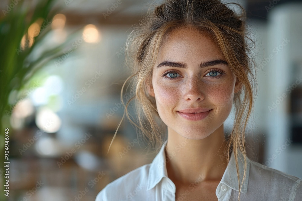 Obraz premium Young professional woman smiling wearing white shirt on grey background