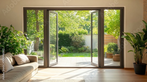 Beautiful garden and patio in summer seen from stylish designer room through bifold doors