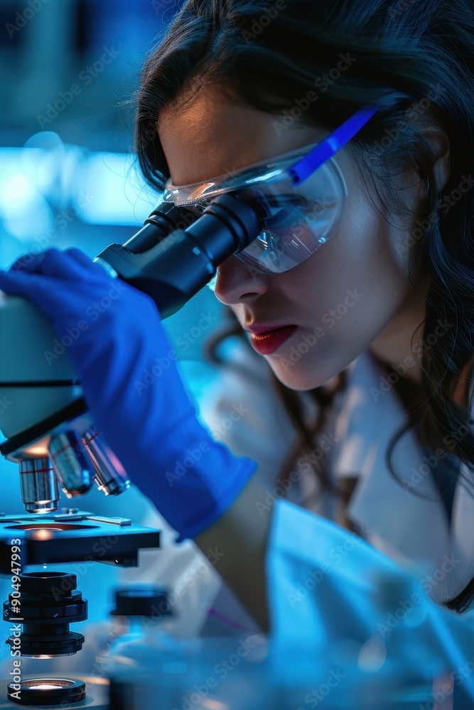 Female Scientist Using Microscope in Laboratory with Blue Lighting for Scientific Research and Analysis Female Scientist Using Microscope in Laboratory with Blue Lighting for Scientific Research and Analysis