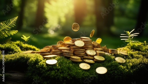 Gold coins scattered on a bed of lush green moss, eco-investment, sustainable wealth, copy space for text photo