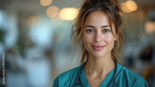 Smiling Female Doctor in Scrubs with Stethoscope