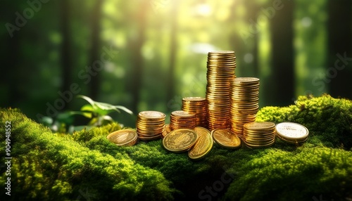 Gold coins scattered on a bed of lush green moss, eco-investment, sustainable wealth, copy space for text photo