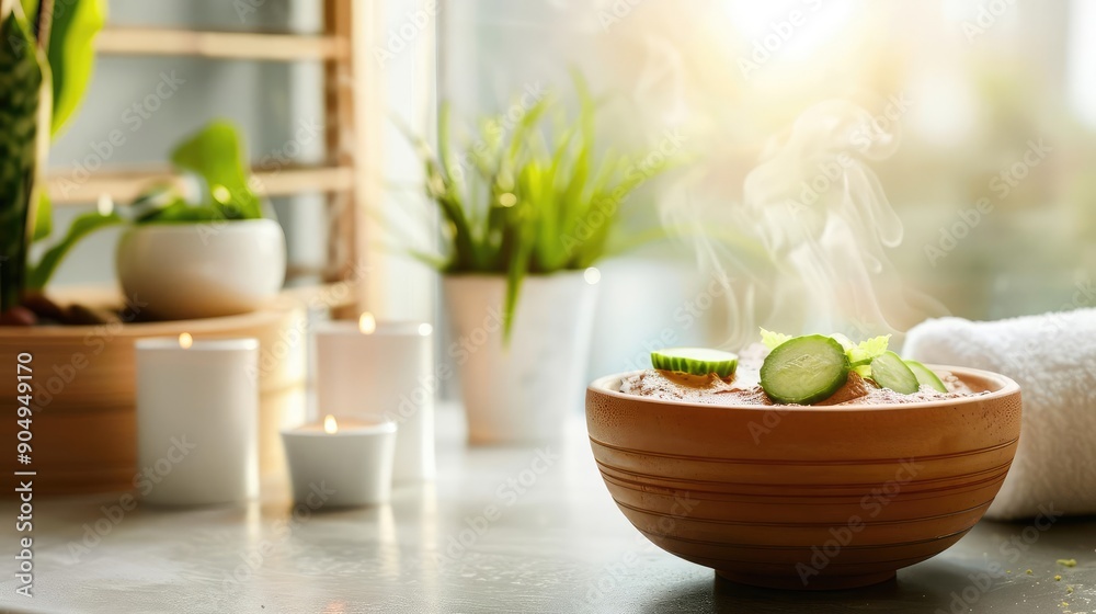 Tranquil spa room with a rejuvenating mud mask, cucumber eye slices, and soothing steam Tranquil spa room with a rejuvenating mud mask, cucumber eye slices, and soothing steam
