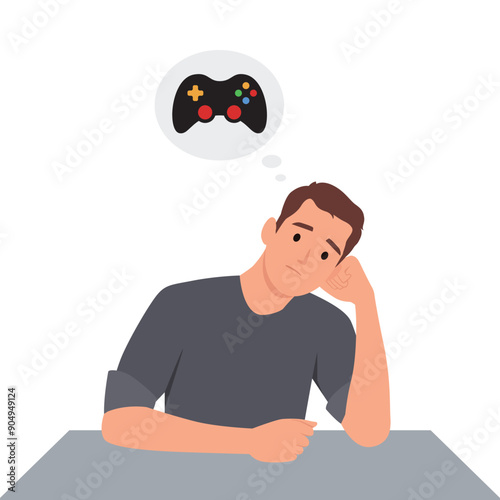 Young sad man thinking about video games.