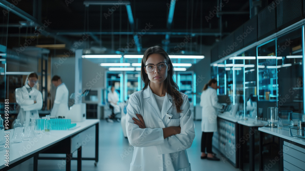 young woman scientist standing at laboratory young woman scientist standing at laboratory