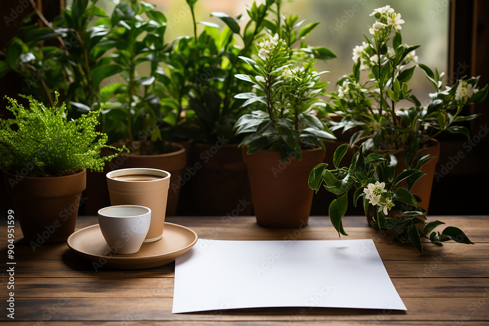 image of a blank paper sheet on a wooden table with coffee 