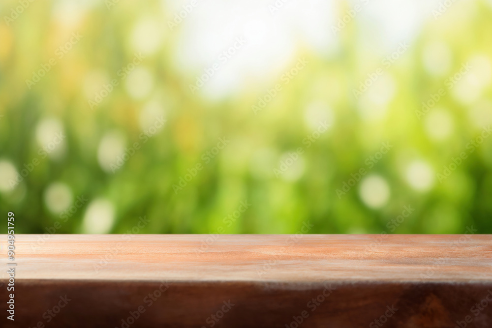Empty wooden tabletop with blurred green nature background, ready for product display montage