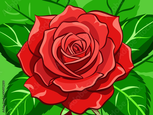 cartoon vector illustration of red flower rose with leaves on green isolated background, simple flat